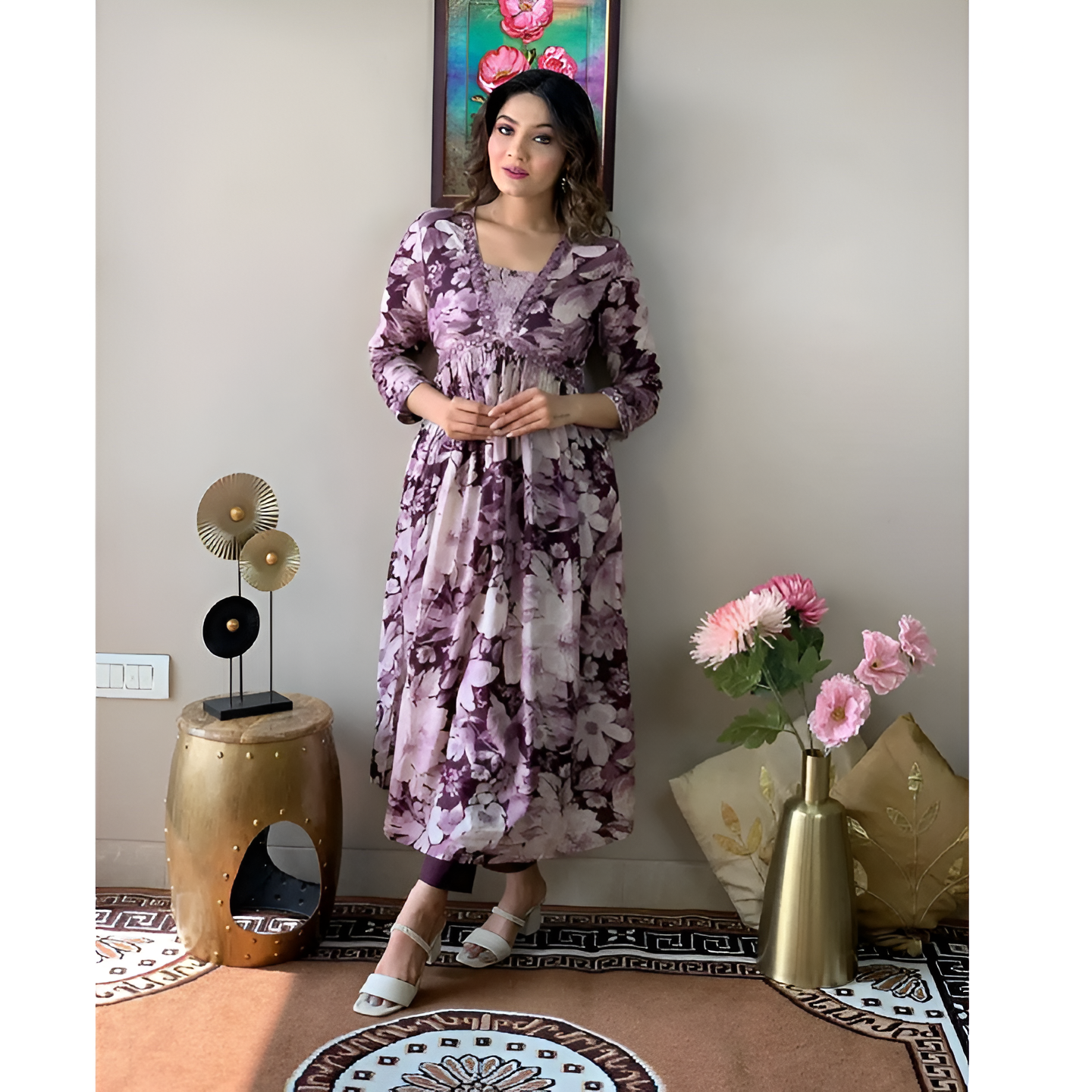Puple Printed Rayon Aila Cut Kurta Set For Women